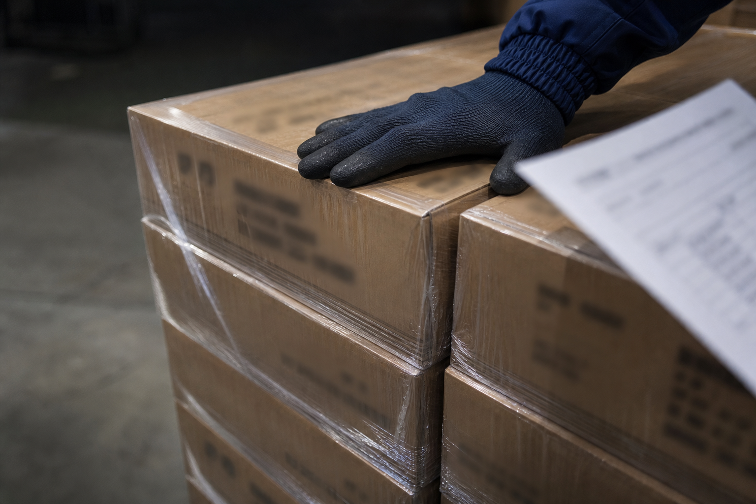 Stencilled shipping marks and carton numbers on stacked, shrink-wrapped boxes on a warehouse floor, a gloved hand resting on the top carton with a printed sheet held alongside.